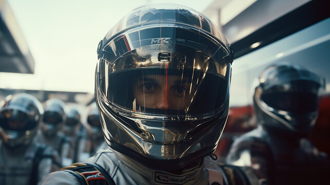 The driver's helmeted face visible in the rearview mirror, capturing their focus as they await the pit crew's signal 