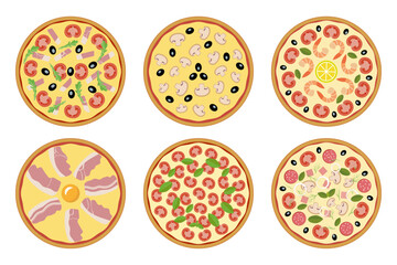 Set of vector colored pizza icons on white background for web site design. Pizza illustration for every taste. Top view, flat design