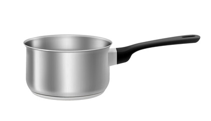 Empty modern steel saucepan isolated on white background. Realistic 3d vector design. Model of kitchen utensils. Equipment for preparing food - obrazy, fototapety, plakaty