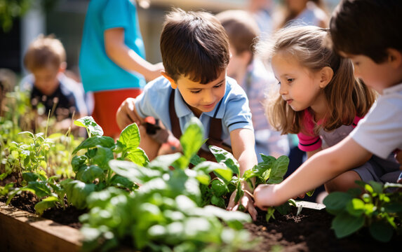 Children in the school garden doing gardening, back to school concept