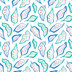 Colorful tropical leaves seamless pattern. Hand drawn vector botanical background with maranta and calathea leaves. Brush drawn jungle plants, exotic wallpaper. Foliage organic background.