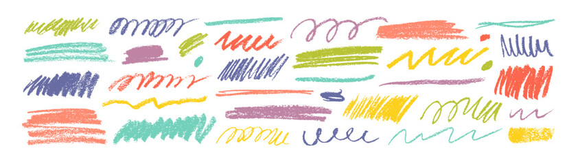 Colorful dry brush marks, pencil squiggles and scribbles. Hand drawn vector crayon various lines, spirals and doodles. Multi colored rough highlighters, chalk strokes, pencil dividers. Curly lines. - obrazy, fototapety, plakaty