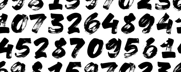 Seamless banner design with grunge numbers. Bold brush drawn vector digits monochrome pattern. Dirty textured numbers. Hand drawn thick digits in graffiti or grunge modern style.