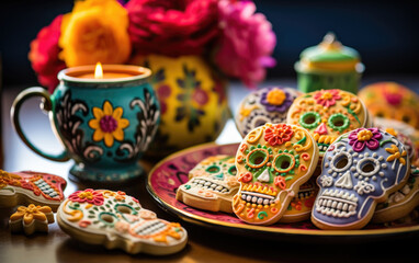 Vibrant assortment of cookies to celebrate the Mexican day of the dead, El Dia de los Muertos