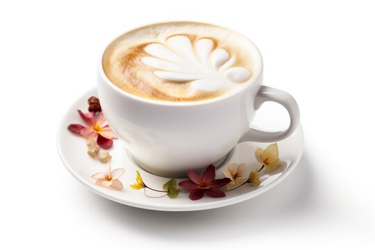 Close-up shot of a hot cappuccino in a white coffee cup, a comforting and aromatic beverage