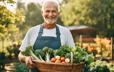 Elderly senior man gardener with a basket of fresh vegetables in the backyard, Autumn harvest concept