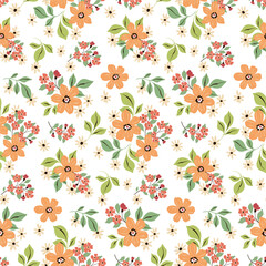 Seamless floral pattern, liberty ditsy print with folk motif. Cute botanical design with simple wild plants: small hand drawn flowers, tiny leaves, bouquets on a white background. Vector illustration.