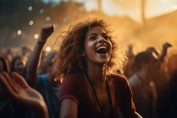 Crowd of people cheering at a music festival - AI Generated
