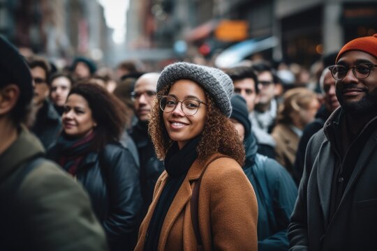 Woman standing in the Crowd on the Street - Standing out from the Crowd - AI Generated