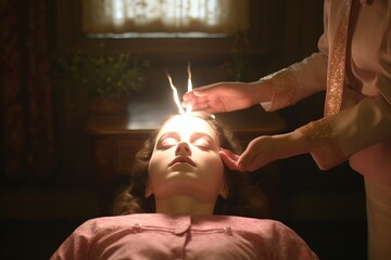 a professional reiki healer expert performing a cleansing therapy on a client: holding hands over a head, producing a light beam of energy - obrazy, fototapety, plakaty