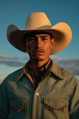 Fototapeta premium Latino man in cowboy attire stands resiliently against the wind, set against a desert backdrop highlighted in shades of light teal and dark sky-blue