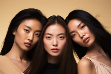 Three Asian women showcasing a range of skin tones stand side by side against a beige backdrop, embodying diversity, inclusivity, and authenticity in a celebration of individuality