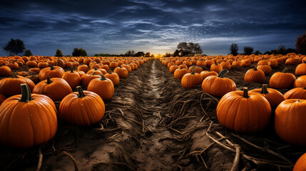 Pumpkin Patch: Rows of vibrant orange pumpkins in a moonlit field, ready to be carved into Jack-o'-lanterns for Halloween 