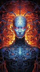 Obraz premium sci fi head, symmetry patterns, in the style of detailed and intricate compositions, dark cyan and orange, crystalcore, neo-academism, generative ai