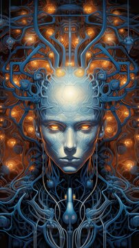 sci fi head, symmetry patterns, in the style of detailed and intricate compositions, dark cyan and orange, crystalcore, neo-academism, generative ai