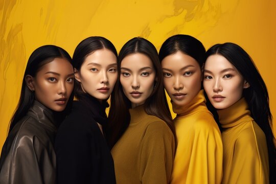 Five Asian Women Of Diverse Skin Tones Stand Against A Yellow Background, Celebrating The Beauty Of Individuality And Racial Authenticity In Nude Shades