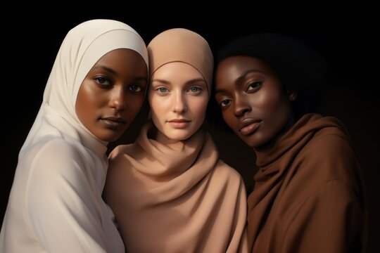 Three religious young women of different skin tones stand together against a black background, showcasing diversity in faith and ethnicity. Hijab with visible face, represent unity in diversity