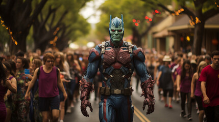 Costume Parade: A lively Halloween costume parade with people dressed as monsters, superheroes, and fantastical characters 