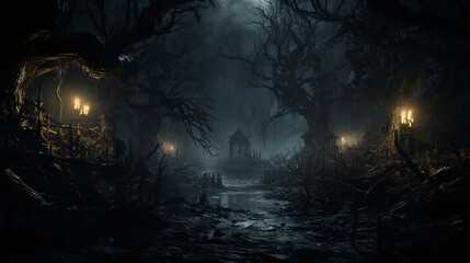 Haunted Forest: A dense, shadowy forest with twisted trees, lurking creatures, and a sense of foreboding for a spooky Halloween 