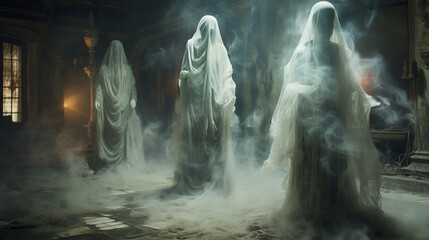 Ghostly Apparitions: Transparent, ethereal ghosts floating through an old, abandoned mansion, evoking a haunted feeling for Halloween  - obrazy, fototapety, plakaty