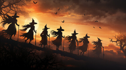 Wicked Witches: A group of witches on broomsticks flying across the night sky, silhouetted against the moon, on their way to a Halloween gathering 