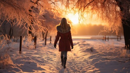 Person walking on snowy road at sunset on a winter day. - obrazy, fototapety, plakaty