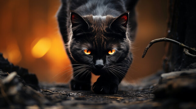 Wicked Cat: A black cat with piercing eyes and arched back, a classic symbol of Halloween superstitions 