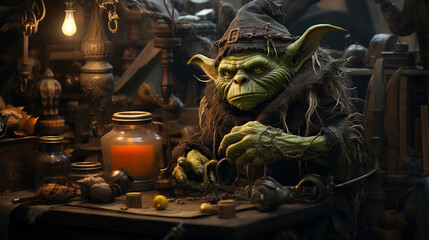 Goblin's Workshop: A goblin tinkering away in his workshop, crafting mischievous gadgets and concoctions for Halloween mayhem  - obrazy, fototapety, plakaty