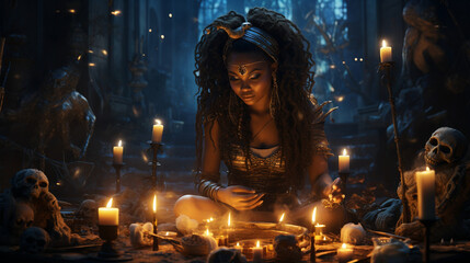 Voodoo Magic: A voodoo priestess casting spells under the moonlight, with candles, bones, and mystical objects, creating a Halloween scene full of mystique  - obrazy, fototapety, plakaty