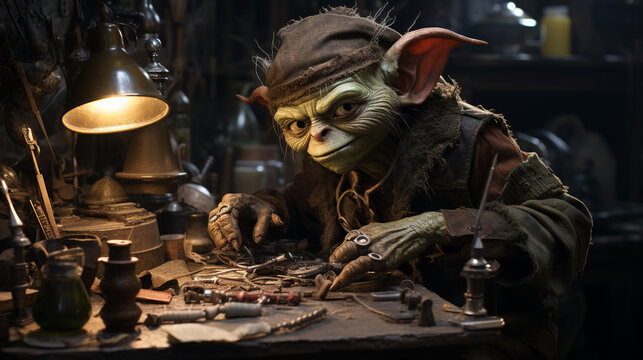 Goblin's Workshop: A goblin tinkering away in his workshop, crafting mischievous gadgets and concoctions for Halloween mayhem 