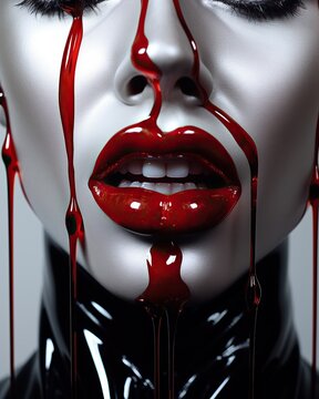 On a dark halloween night, a mysterious woman with red blood lipstick dripping down her latex-clad lips evokes feelings of horror, dark dracula witch vampire ghost wizard in leather sm clothing