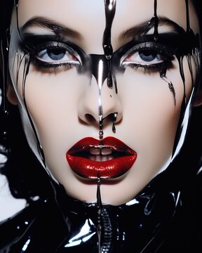 A gothic woman with a fashionably painted face of black lipstick, eyelash, and mascara embodies the mysterious allure of halloween night, dark dracula witch vampire ghost wizard in leather sm clothin