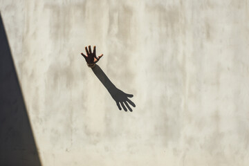 A chilling image of a hand emerging from a concrete wall, with its shadow projecting a haunting illusion. Evokes feelings of horror and the uncanny