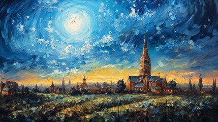 A church painting with a vibrant blue sky backdrop