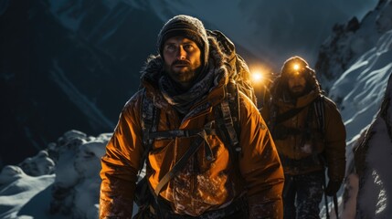 Fototapeta premium Team of mountaineers bravely climbing the heights of a snow-capped mountain.