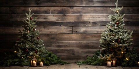 Fototapeta na wymiar Fir Christmas tree on wooden background wide angle lens