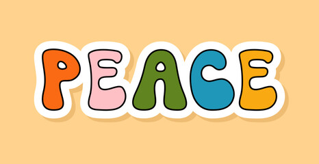 Vector Lettering Peace sticker isolated on yellow background. 70s style cartoon icon white contour