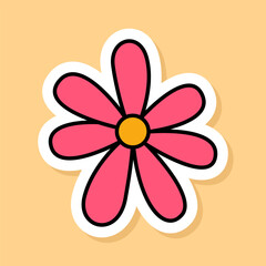 Vector Retro pink flower sticker isolated on yellow background. 70s style cartoon icon white contour