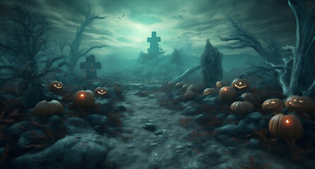 night holiday bat dark pumpkin grave halloween horror cemetery moon. Generative AI.