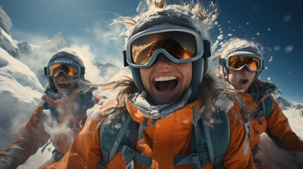 A group of friends happily skiing together.