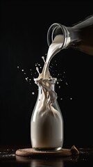 Milky Cascade Dynamic Shot of a Tipping Milk Bottle with a Flowing Stream of Fresh Milk, a Dairy Delight - obrazy, fototapety, plakaty