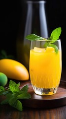 Fototapeta premium Tropical Mango Paradise Glass of Refreshing Mango Juice Served with a Vibrant Slice of Fresh Mango, a Taste of the Tropics