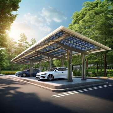 Parking with solar panels. Generative AI.