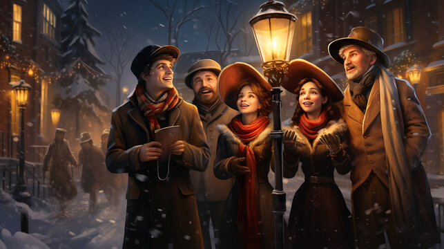 Christmas Carolers: A group of carolers singing by a lamppost on a snowy evening, capturing the spirit of holiday music and community 