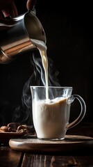 Pouring Perfection Close-Up Shot of Milk Cascading into a Rich Cup of Coffee, a Captivating Moment of Creamy Indulgence
