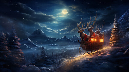 Santa's Sleigh: A stunning image of Santa's sleigh with reindeer soaring through a starry night sky, on their way to deliver gifts 