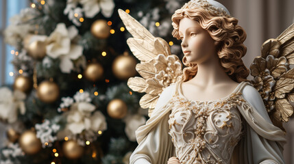 Angel Tree Topper: A close-up of an angel tree topper perched on a beautifully decorated Christmas tree, adding a touch of elegance 