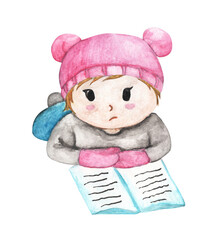 Watercolor painting of Child reading a book.