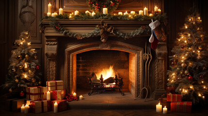 Fototapeta na wymiar Christmas Fireplace: A roaring fireplace adorned with stockings and garlands, creating a cozy and inviting ambiance 
