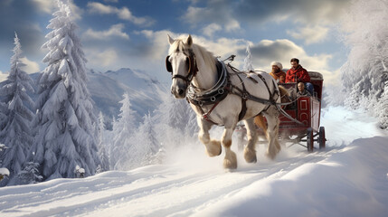 Sleigh Ride: An image of a horse-drawn sleigh gliding through a snow-covered landscape, invoking the timeless charm of winter traditions  - obrazy, fototapety, plakaty